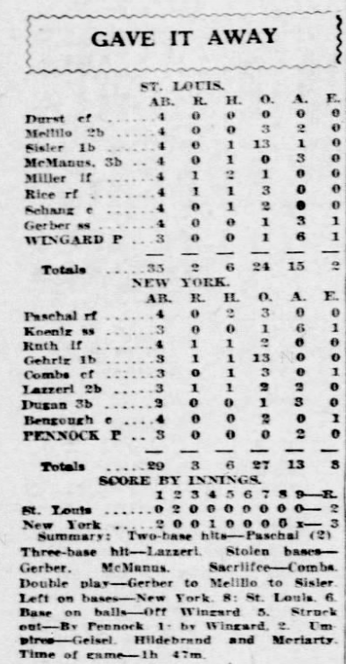 Official newspaper box score for the Yankees' 3–2 win over the St. Louis Browns on July 17, 1926.