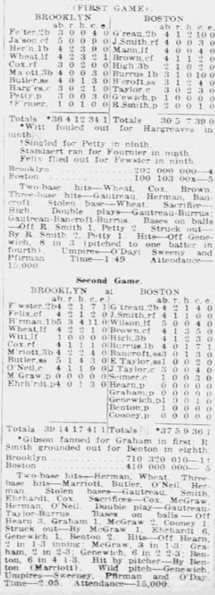 Newspaper box scores from the July 5, 1926 Dodgers and Braves doubleheader in Boston.
