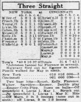 Newspaper box score showing the Giants' 8–4 win over the Reds on July 10, 1926.