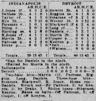 Box score of the July 10, 1926 Negro National League game between the Indianapolis A.B.C.'s and Detroit Stars.