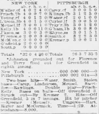 1926 newspaper box score for the Pittsburgh Pirates' 3–0 victory over the New York Giants.
