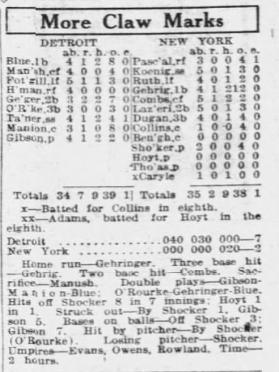 1926 newspaper box score for the Detroit Tigers' 7–2 win over the New York Yankees.