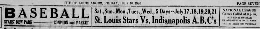 1926 newspaper banner promoting the St. Louis Stars versus Indianapolis A.B.C.'s five-game series at Stars' Park.