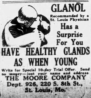 1926 Glanol advertisement promoting gland health and youthful vitality.