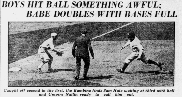 Caught off second in the first, the Bambino finds Sam Hale waiting at third with the ball and Umpire Nallin ready to call him out.