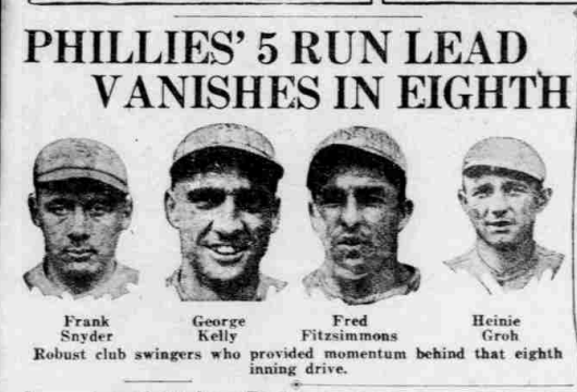 Headshots of baseball players Frank Snyder, George Kelly, Fred Fitzsimmons, and Heinie Groh.