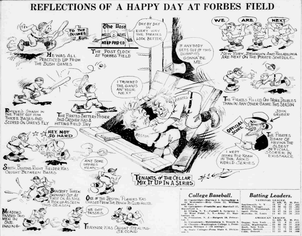 1926 Pittsburgh Post cartoon celebrating the Pirates’ 3-2 win over the Braves at Forbes Field, featuring Hazen Cuyler, Hal Rhyne, Dave Bancroft and comic game scenes.
