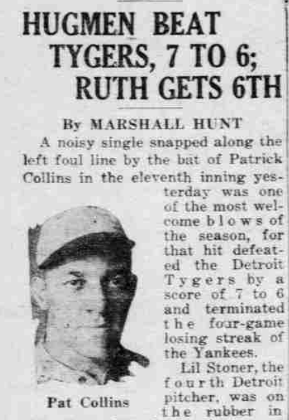 1926 New York Daily News feature on Pat Collins and the Yankees’ 7–6 extra-inning win over Detroit, highlighted by Babe Ruth’s sixth home run of the season.