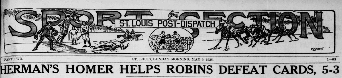 May 9, 1926 St. Louis Post-Dispatch sports front page with headline about Babe Herman’s homer helping Brooklyn defeat the Cardinals 5–3 at Sportsman’s Park.