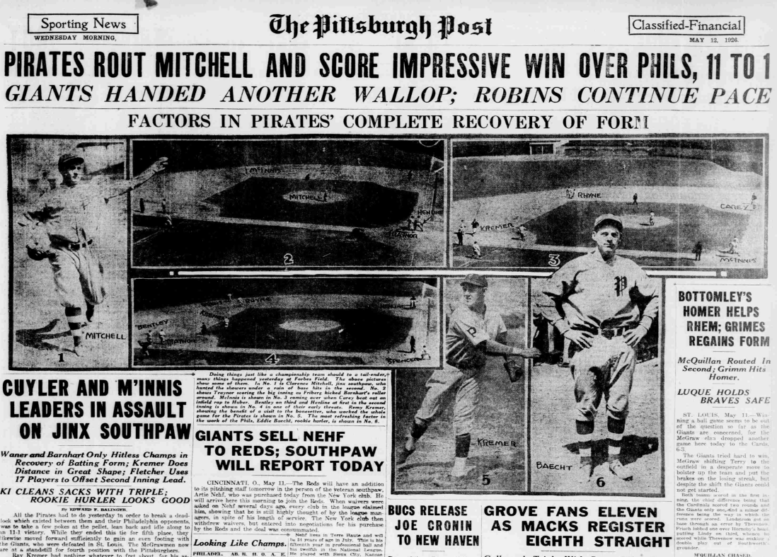 Pittsburgh Post sports page from May 12, 1926 featuring Pirates beating Phillies 11-1, Cardinals topping Giants, Art Nehf sold to Reds, and illustrated baseball coverage.