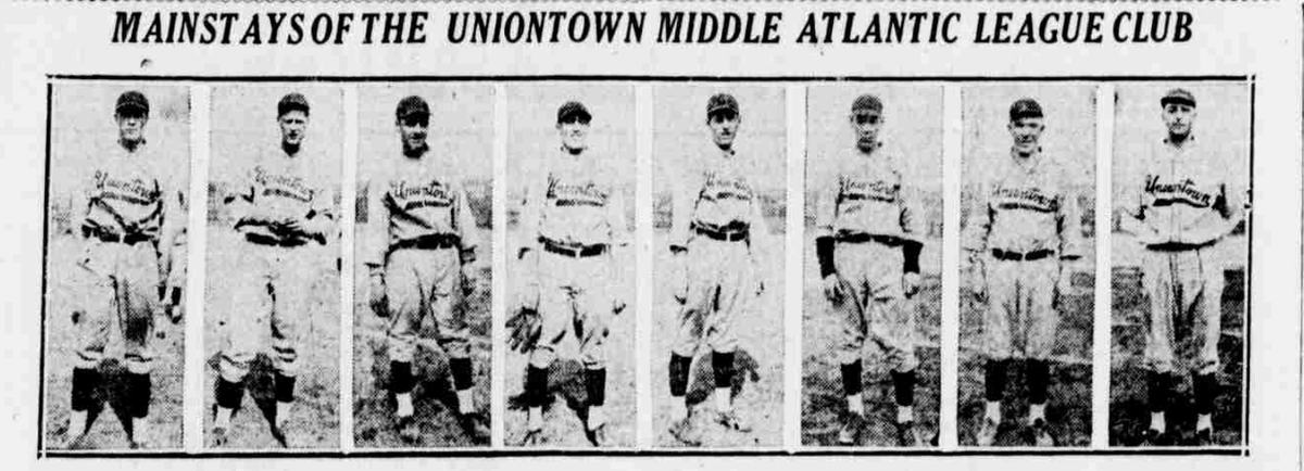 1926 newspaper feature displaying eight players from the Uniontown Middle Atlantic League Team