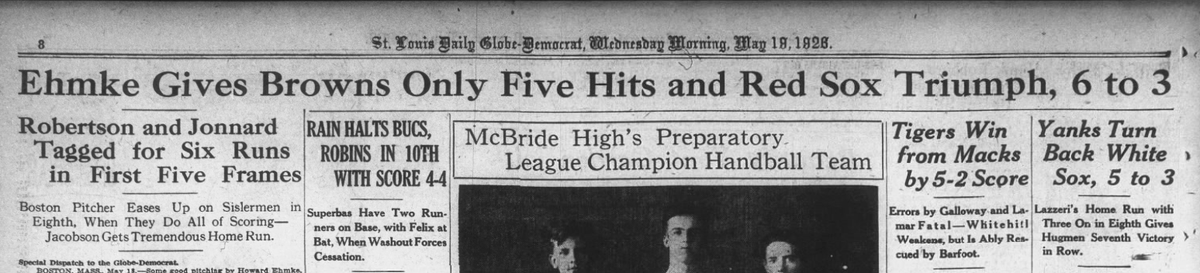 1926 St. Louis Globe-Democrat sports page featuring Howard Ehmke beating the Browns, Yankees over White Sox, Tigers over Athletics, and rain halting Pirates-Robins game.