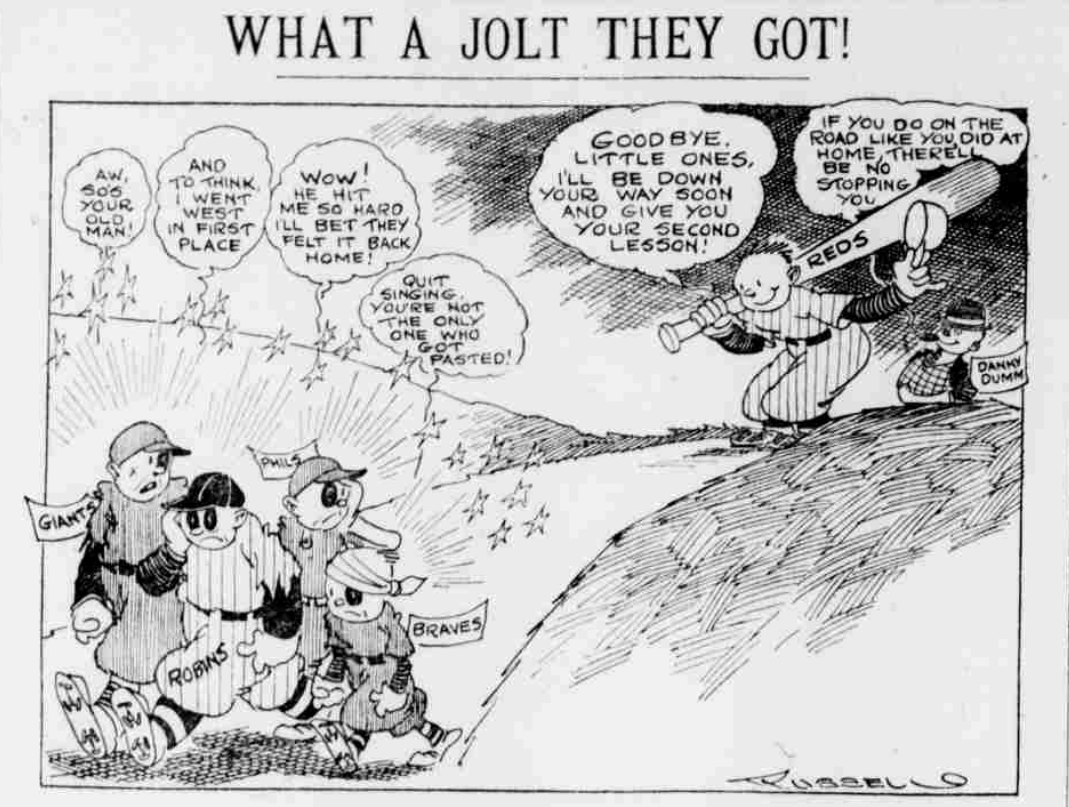 1926 baseball cartoon depicting the Cincinnati Reds marching ahead of National League rivals while taunting the Giants, Robins, Phillies, and Braves.