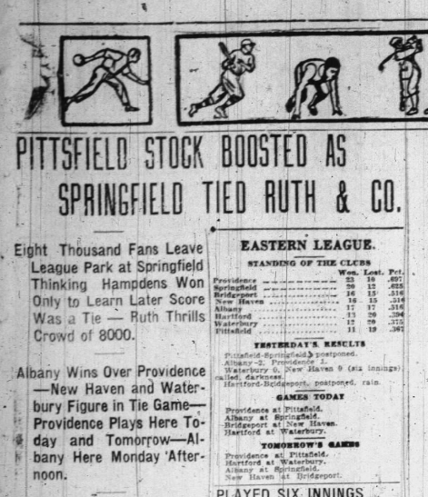 1926 newspaper headline from The Berkshire Eagle covering Babe Ruth and the Yankees playing Springfield to a chaotic 10–10 tie before 8,000 fans at League Park.