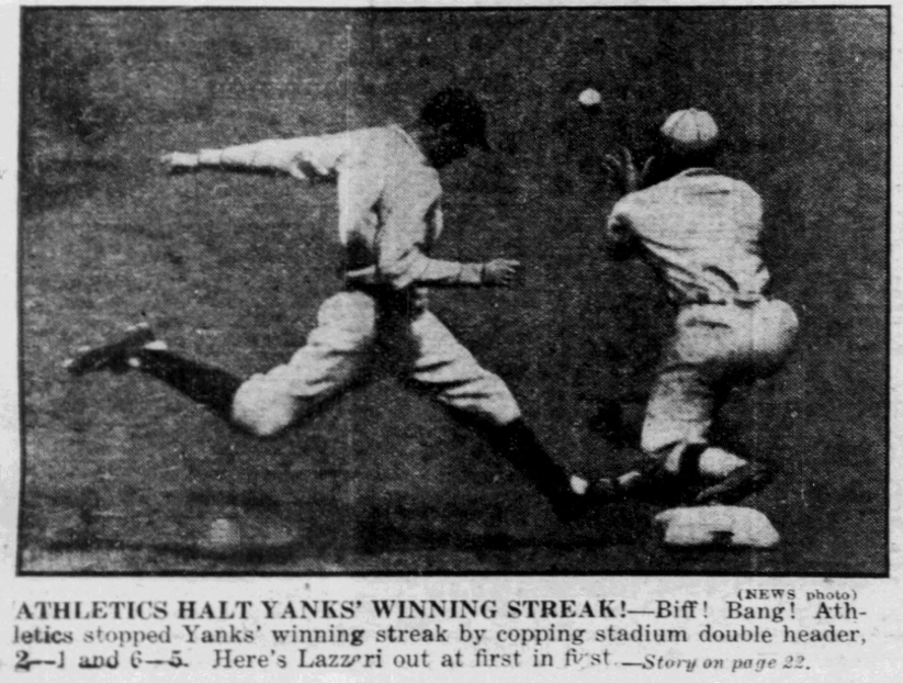 Action photo from May 1926 showing Yankees infielder Tony Lazzeri out at first base during a game against the Athletics, who ended New York's 16-game winning streak.