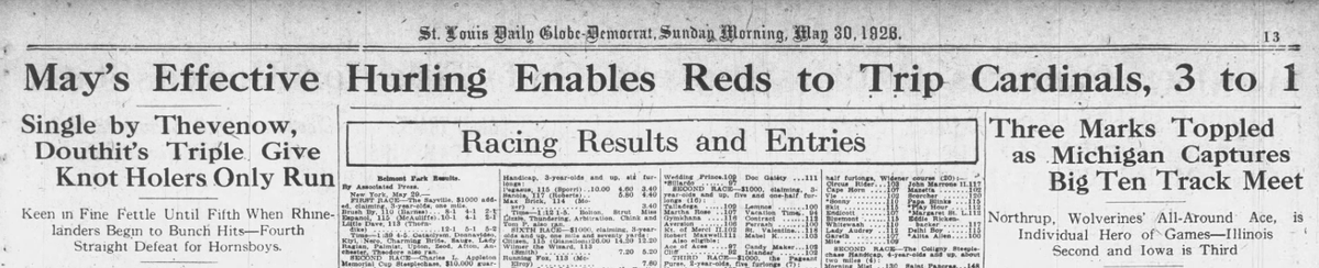 St. Louis Globe-Democrat front page from May 30, 1926 featuring coverage of Jakie May's complete-game victory as the Reds defeated the Cardinals 3–1 in Cincinnati.