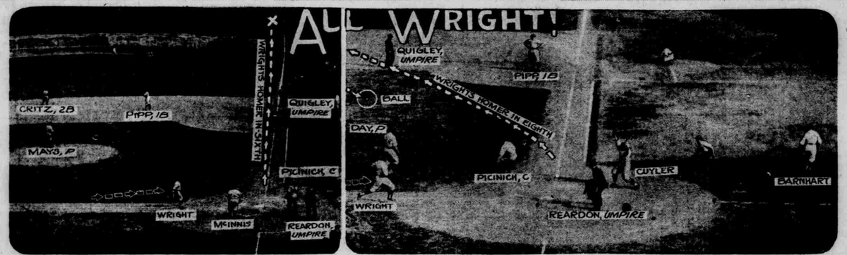 Vintage 1926 newspaper diagram showing Glenn Wright’s home run paths in a Pirates vs Reds game, illustrating key plays in Pittsburgh’s 13–4 victory.