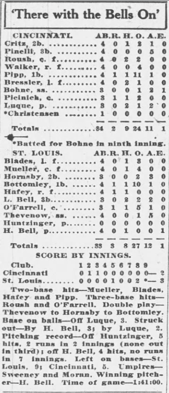 Bells Deliver for Cardinals; Hornsby Explains the Game — Twin St. Louis Accounts of a 3–2 Victory