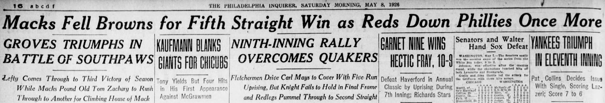 Front section of the Philadelphia Inquirer sports page from May 8, 1926, with headlines on the Athletics beating the Browns and the Reds rallying past the Phillies.