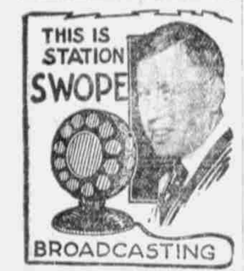 Illustration of Tom Swope beside a vintage microphone with “This Is Station Swope Broadcasting,” representing early radio coverage of baseball.