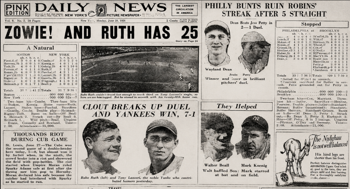 Vintage June 28, 1926 New York Daily News baseball collage featuring Babe Ruth's 25th home run, Phillies-Robins coverage, box scores, player portraits and period advertisements.