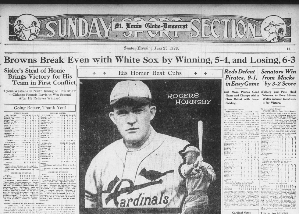 Front page of the June 27, 1926, St. Louis Globe-Democrat Sunday Sports Section featuring Rogers Hornsby and headlines on the Cardinals' 8–7 comeback win over the Cubs