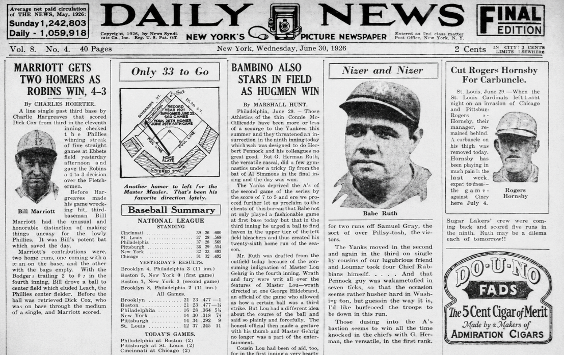 June 30, 1926 New York Daily News baseball front page featuring Babe Ruth, Bill Marriott, Rogers Hornsby and National League game coverage.