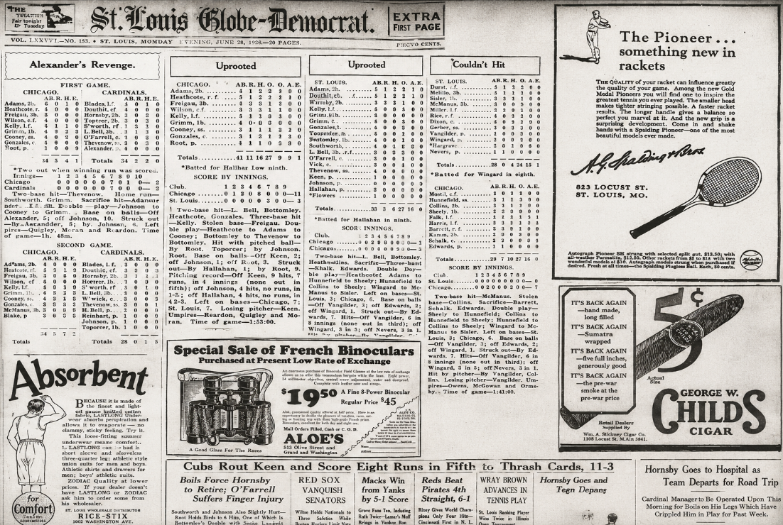 1926 St. Louis Globe-Democrat collage featuring Cubs-Cardinals headlines, Hornsby hospital story, box scores, and vintage St. Louis advertisements.