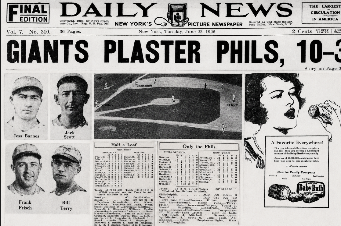 Collage of June 22, 1926 New York Daily News baseball coverage featuring Giants-Phillies headline, player portraits, Polo Grounds diagram, box scores, and Baby Ruth ad.