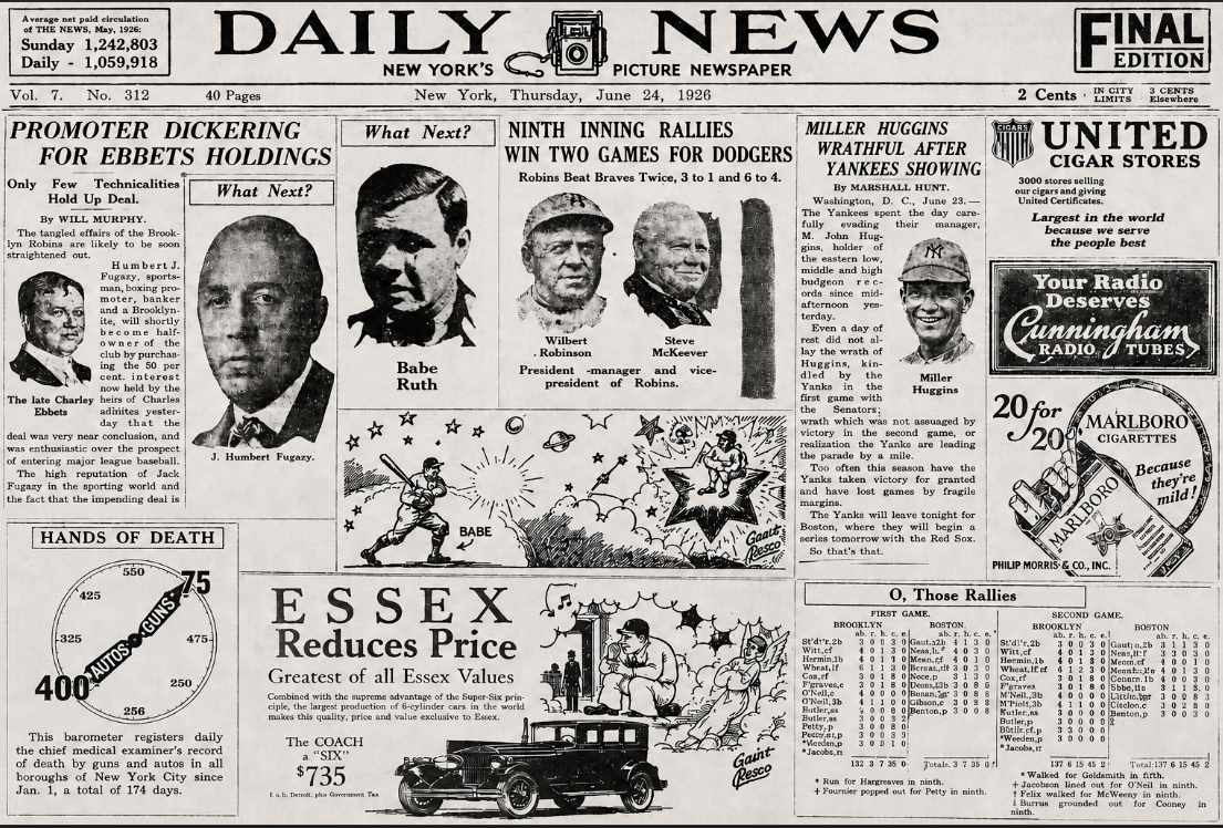 Collage featuring Brooklyn ownership news, Dodgers victories, Babe Ruth cartoons, Miller Huggins, vintage advertisements, and the June 24, 1926 New York Daily News masthead.
