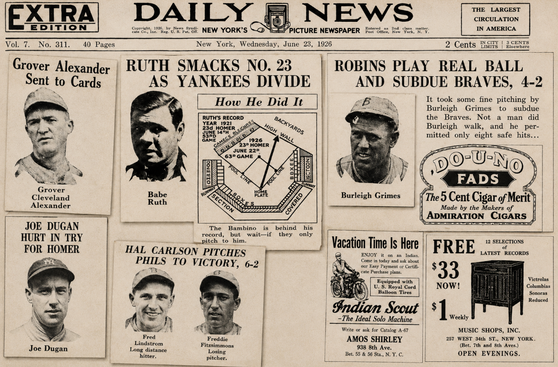 1926 Daily News baseball collage featuring Babe Ruth, Grover Alexander, Burleigh Grimes, Giants Phillies coverage and vintage advertisements.