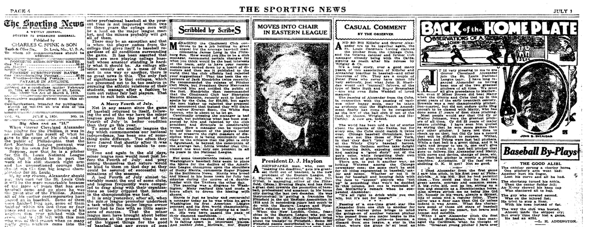 Page 4 of the July 1, 1926 Sporting News featuring baseball editorials, opinion columns, John B. Sheridan's Back of the Home Plate, and Baseball By-Plays.