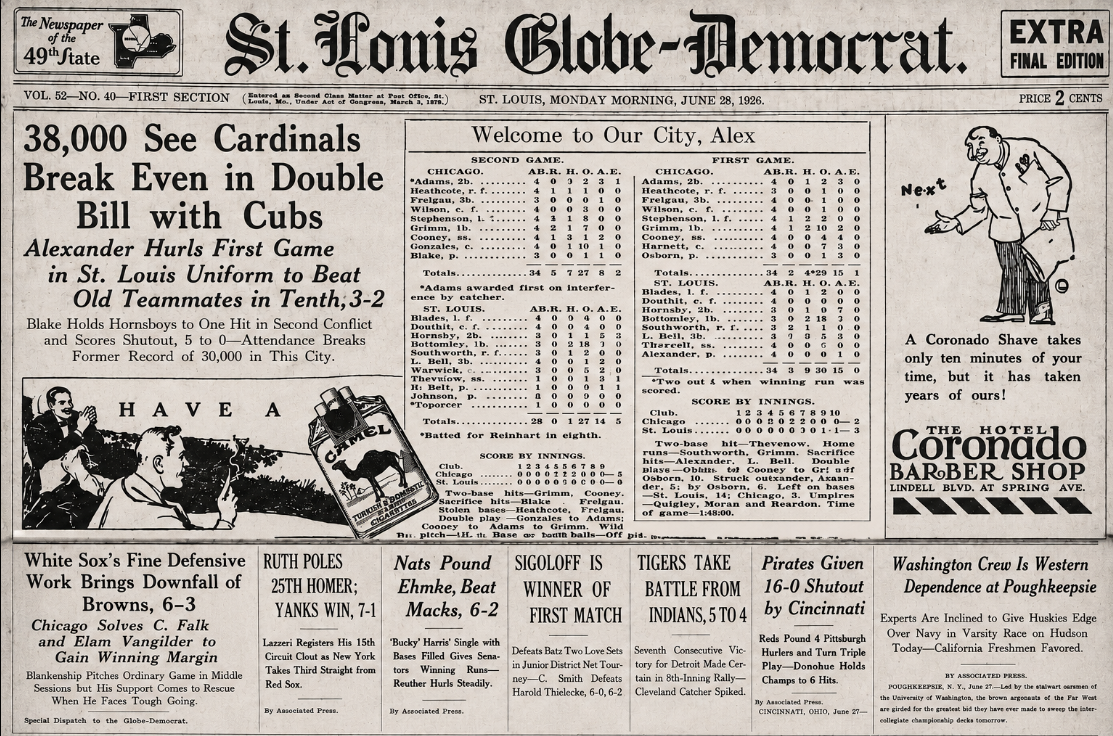 Vintage June 28, 1926 St. Louis Globe-Democrat collage featuring Cardinals-Cubs headlines, box score, Camel and Coronado Barber Shop advertisements, and White Sox-Browns coverage.