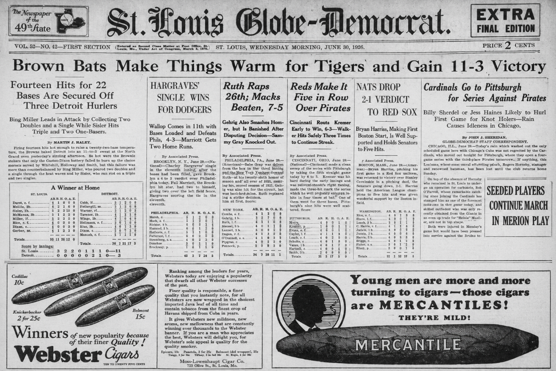 Composite of the June 30, 1926 St. Louis Globe-Democrat sports page featuring the Browns' 11–3 win over Detroit, Cardinals coverage, and vintage St. Louis advertisements.