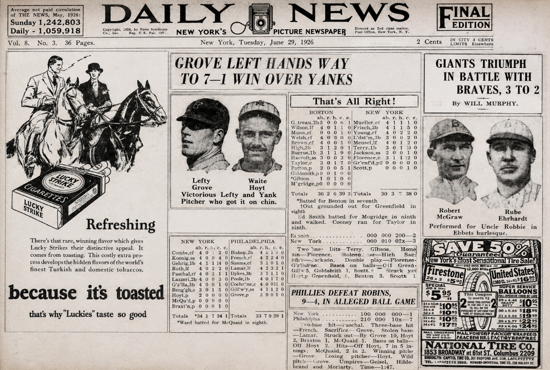 Collage featuring June 29, 1926 New York Daily News baseball headlines, player photos, box scores, and vintage advertisements highlighting Grove's victory over the Yankees.