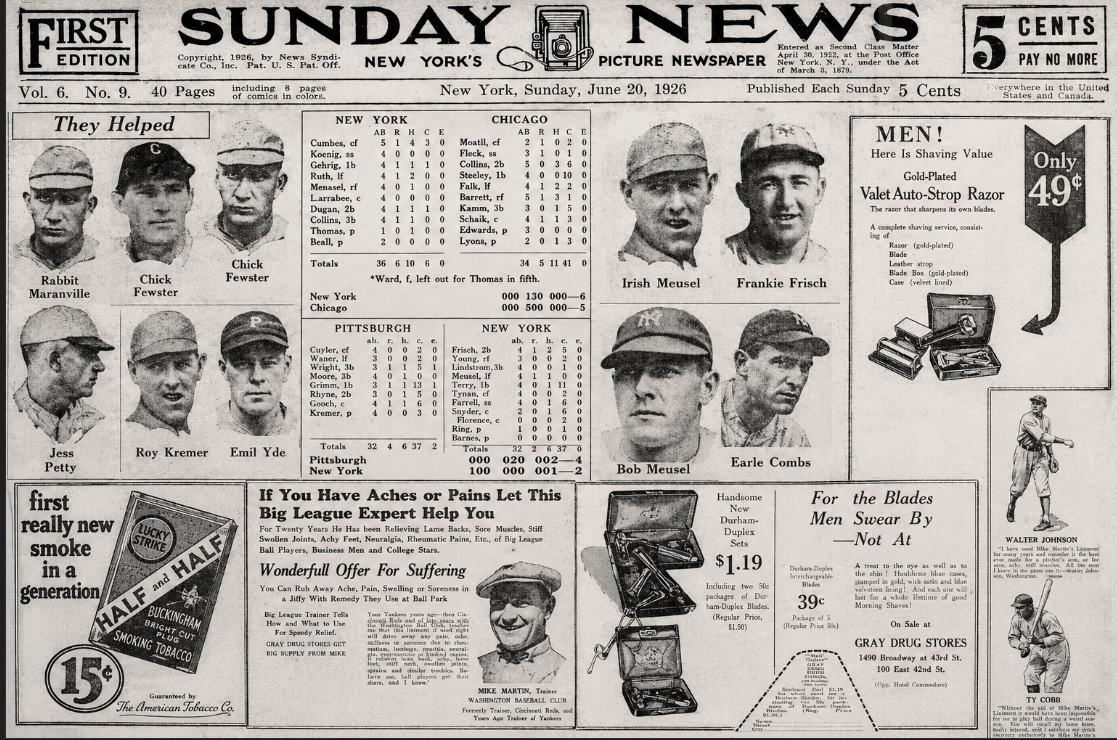 Collage of June 20, 1926 New York Daily News baseball coverage featuring player portraits, box scores and vintage advertisements from National League games.