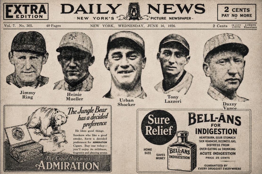 Vintage-style June 16, 1926 Daily News baseball collage featuring Jimmy Ring, Heinie Mueller, Urban Shocker, Tony Lazzeri, and Dazzy Vance with period newspaper advertisements.