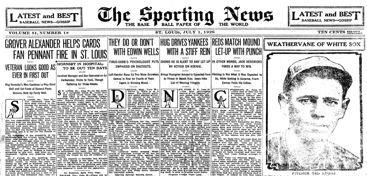 July 1, 1926 front page of The Sporting News featuring Grover Cleveland Alexander, Ted Lyons, and Major League pennant race headlines from around baseball.