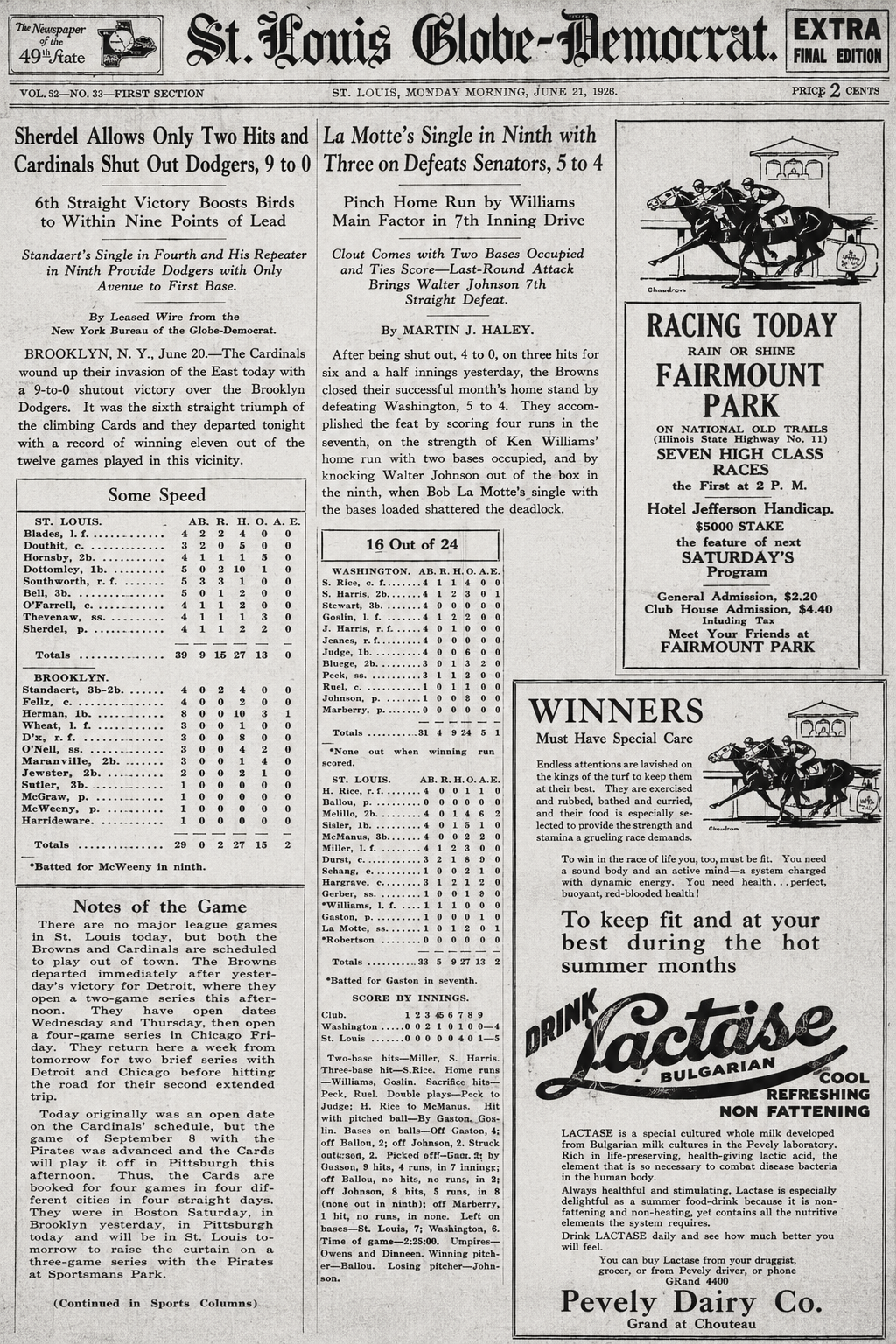 Vintage newspaper collage featuring the June 21, 1926 St. Louis Globe-Democrat masthead, Browns and Cardinals game stories, box scores, sports notes, and 1920s advertisements.