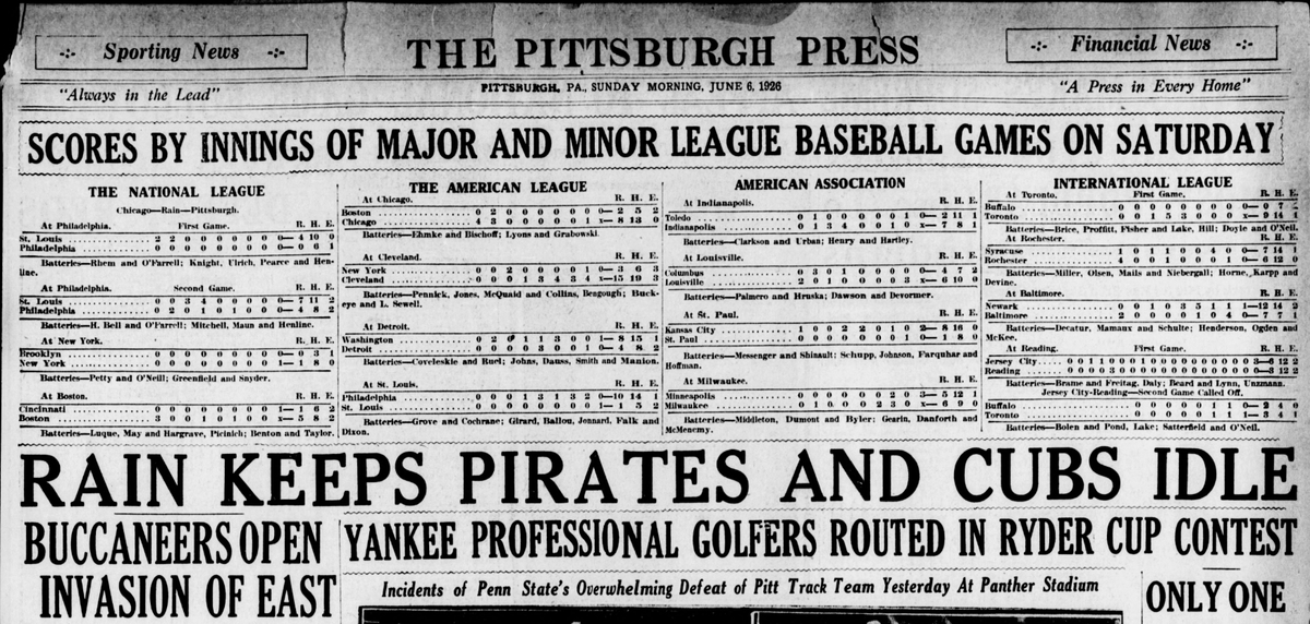 Front page of the Pittsburgh Press sports section dated June 6, 1926.