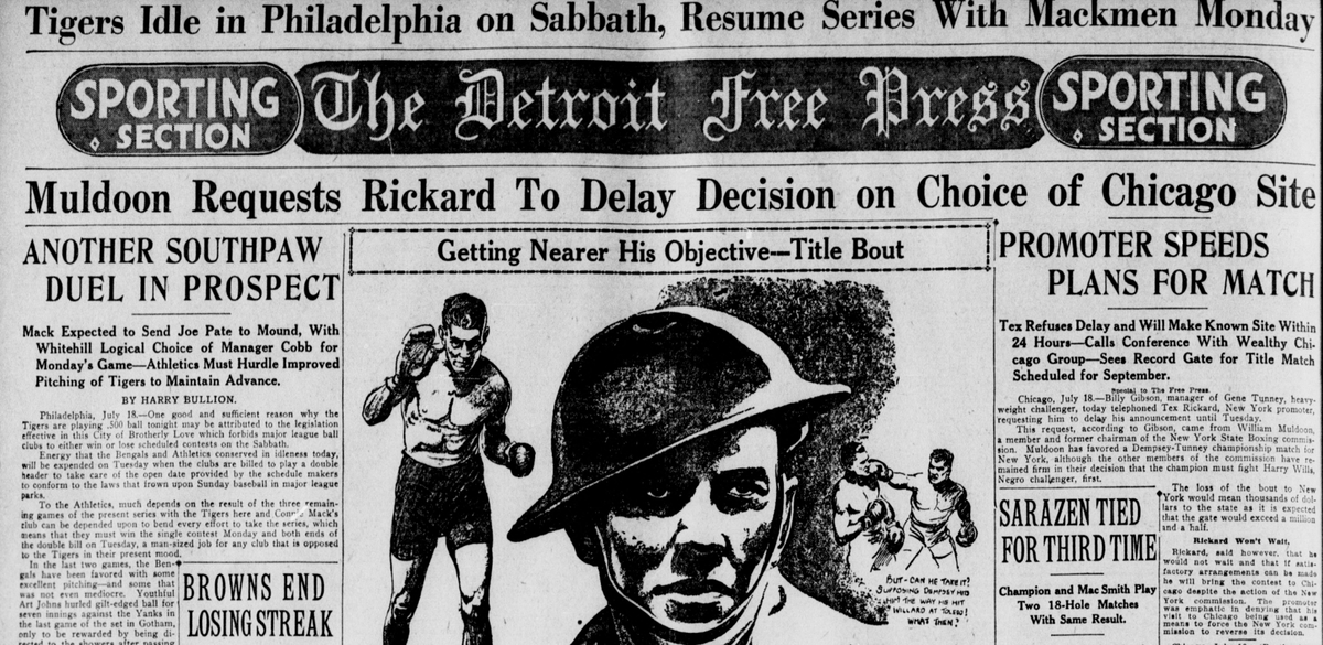 1926 newspaper sports page featuring Ty Cobb's Tigers, Babe Ruth's home run race, Grantland Rice's baseball column, and major league pennant race coverage.