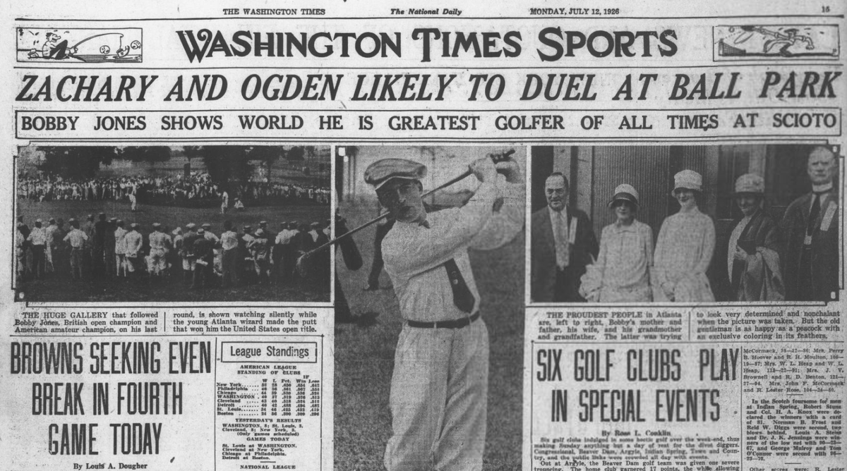 Washington Times sports front page from July 12, 1926, highlighting Browns vs. Senators pitching matchup, league standings, and Bobby Jones' U.S. Amateur victory at Scioto.