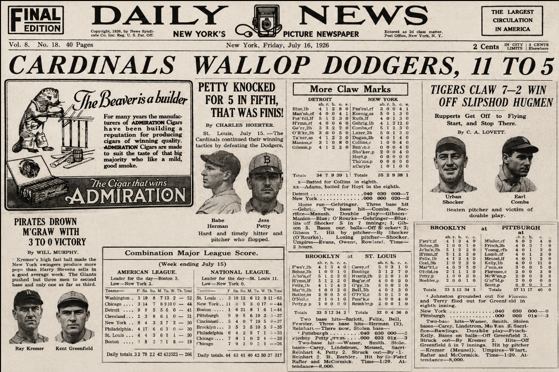 Vintage newspaper collage from the July 16, 1926 New York Daily News featuring Cardinals, Pirates, Yankees, Tigers, player portraits, box scores, and 1920s cigar advertisements.