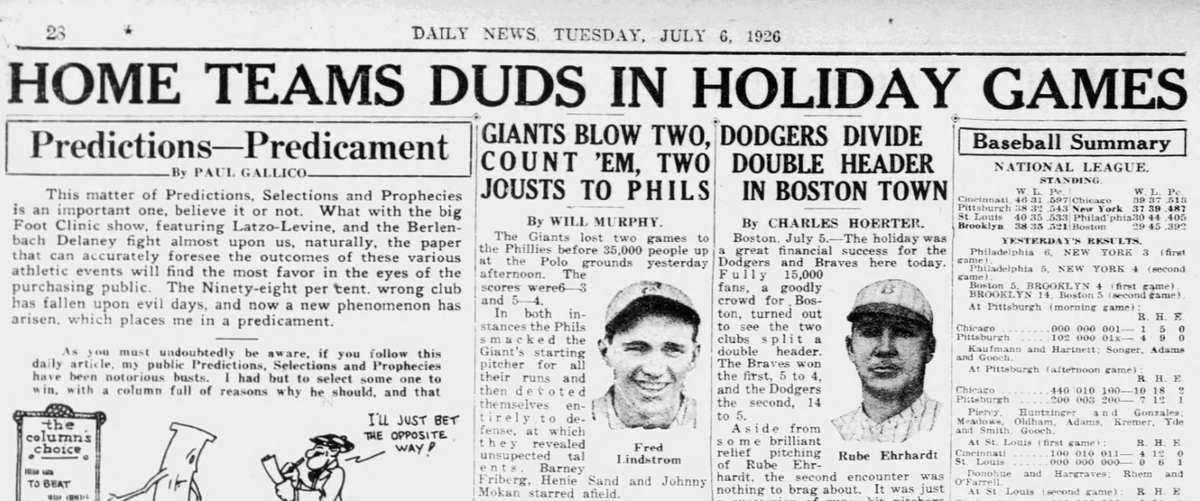 New York Daily News sports page from July 6, 1926 featuring headlines on the Yankees, Giants and Dodgers after Independence Day doubleheaders.
