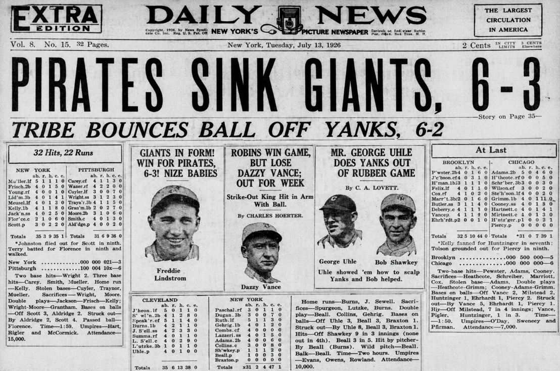 Pirates Punish Giants' Costly Error as George Uhle Downs Yankees in July 1926