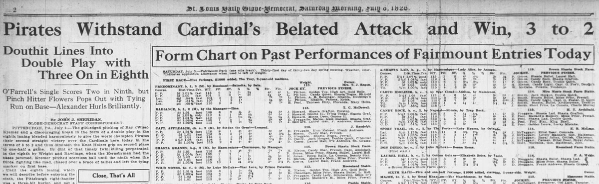 St. Louis Globe-Democrat front page from July 3, 1926, featuring the headline "Pirates Withstand Cardinal's Belated Attack and Win, 3 to 2" alongside a Fairmount Park racing form.