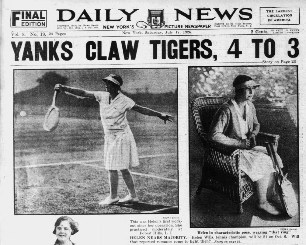 Front page of the New York Daily News dated July 17, 1926, featuring the headline "Yanks Claw Tigers, 4 to 3" with photos of Helen Wills.