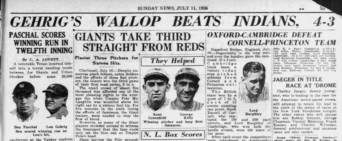 Lou Gehrig's 12th-Inning Hit Lifts Yankees as Cubs Sweep Dodgers