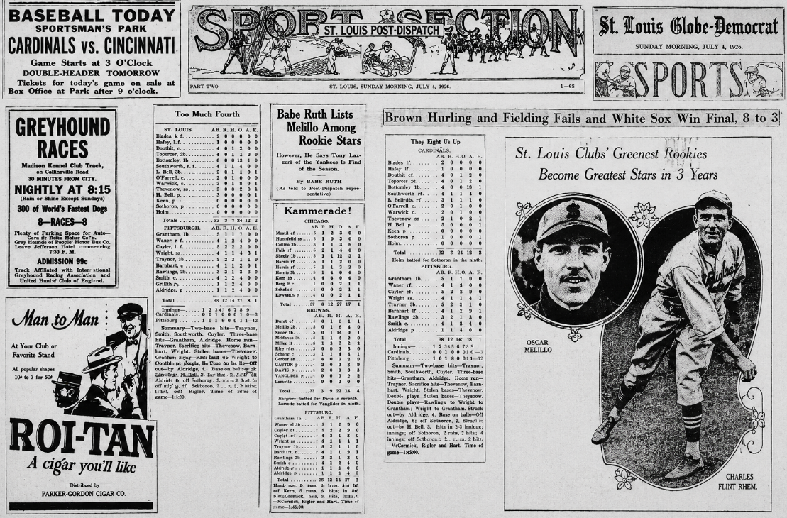 Collage of July 4, 1926 St. Louis Post-Dispatch and Globe-Democrat sports pages featuring Cardinals, Browns, Babe Ruth, Oscar Melillo, Flint Rhem and vintage baseball advertisements.