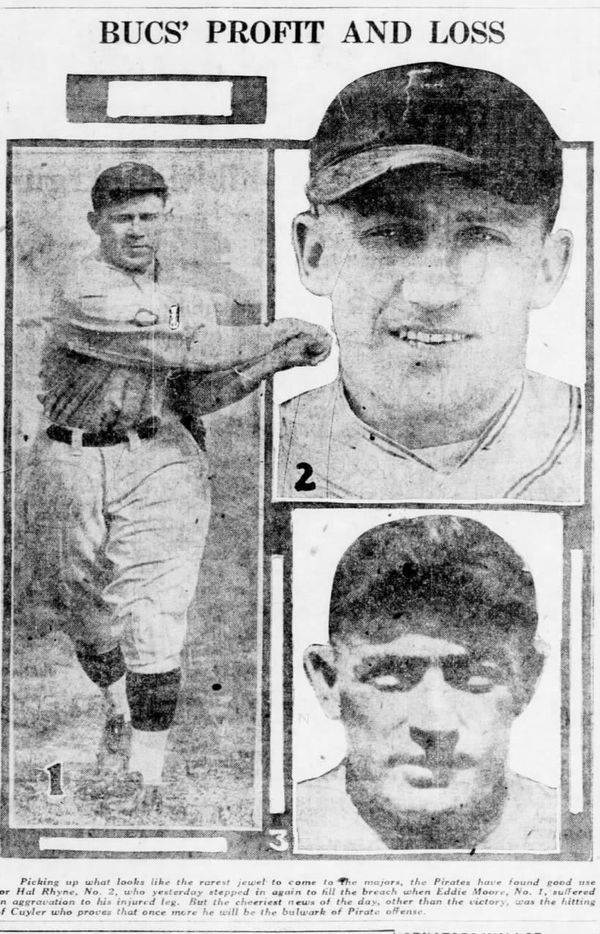 1926 "Bucs' Profit and Loss" clipping featuring three Pittsburgh Pirates: Eddie Moore in a batting stance (1), Hal Rhyne (2), and Kiki Cuyler (3) in portrait shots.
